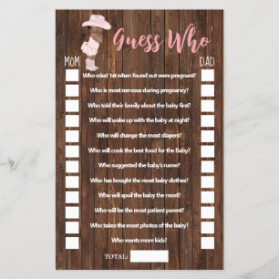 Pink Guess Who AA Cowgirl Baby Shower Game Card