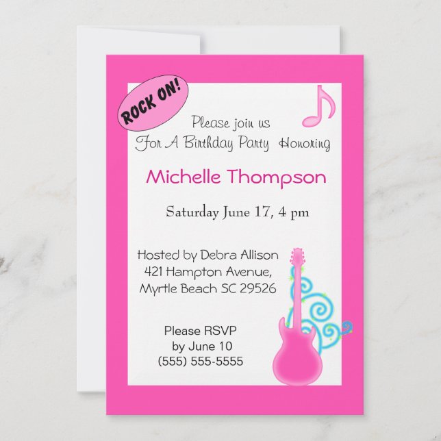 Pink Guitar  Birthday Invitations (Front)