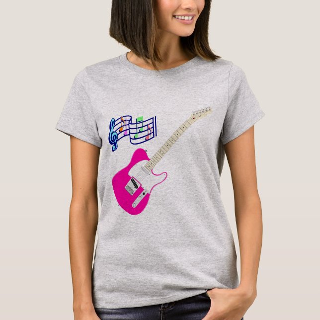 Pink Guitar T-Shirt With Musical Notes (Front)