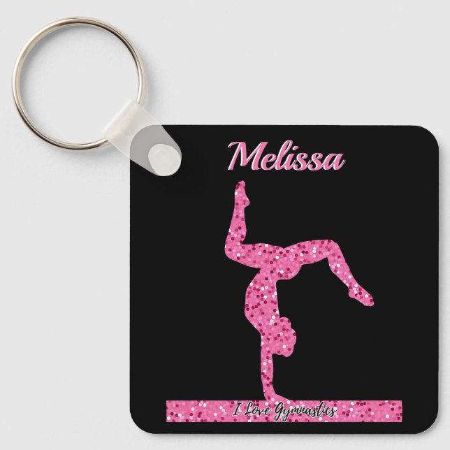 Pink Gymnastics Girl Sparkle Balance Beam Keychain (Front)