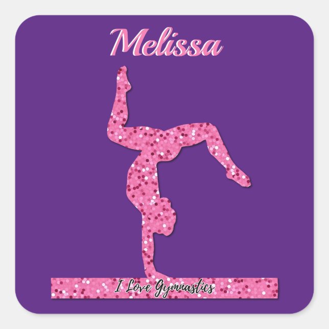Pink Gymnastics Girl Sparkle Balance Beam Square Sticker (Front)