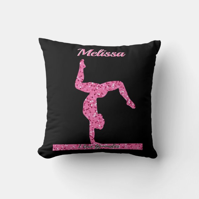 Pink Gymnastics Girl Sparkle Balance Beam Throw Pillow (Front)