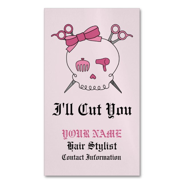Pink Hair Accessory Skull -Scissor Crossbones #6 Magnetic Business Card (Front Vertical)