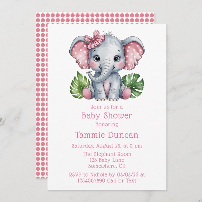 Pink Hair Bow Cute Elephant Baby Shower Invitation (Front/Back)