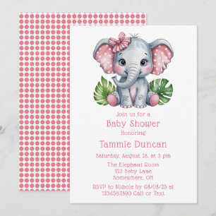 Pink Hair Bow Cute Elephant Baby Shower Invitation