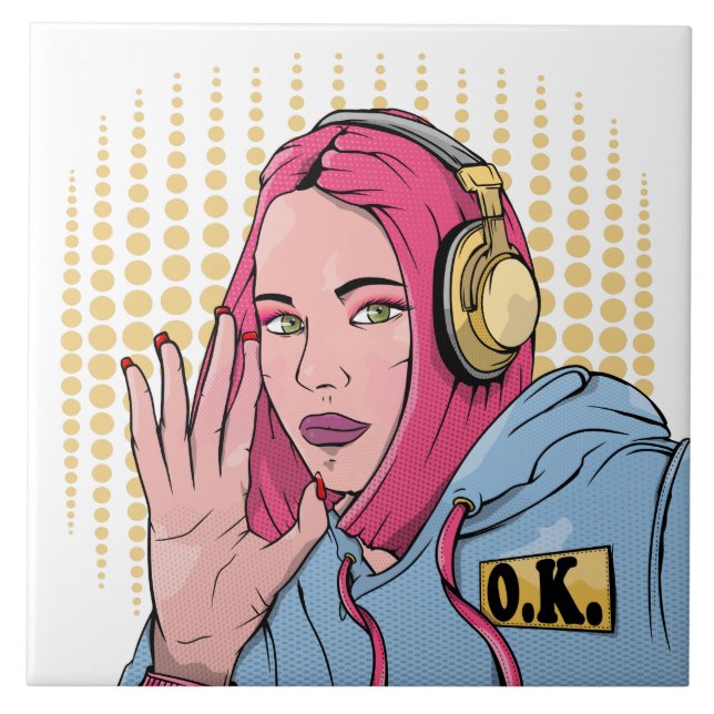 Pink Hair Comic Book Style Girl Tile (Front)