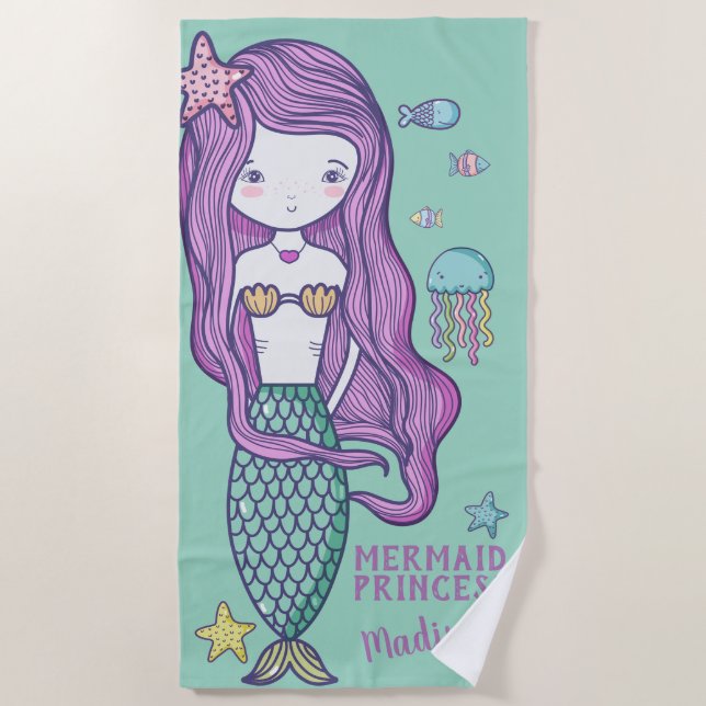 Pink Hair Mermaid and Ocean Friends Personalized Beach Towel (Front)