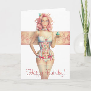 Pink Haired Cupcake Girl Birthday Card
