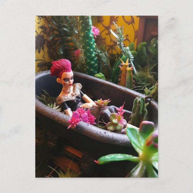 Pink Haired Doll in a Rusty Bathtub in the Desert Postcard (Front)