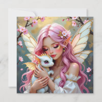 Pink Haired Fairy and White Baby Dragon Blank