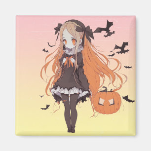 Pink Halloween Anime Girl and Bats Magnet