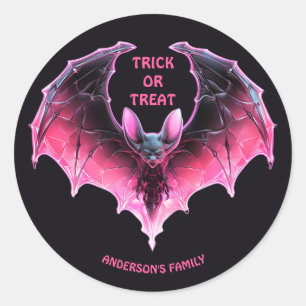 Pink Halloween Bat Trick Or Treat Classic Round Sticker