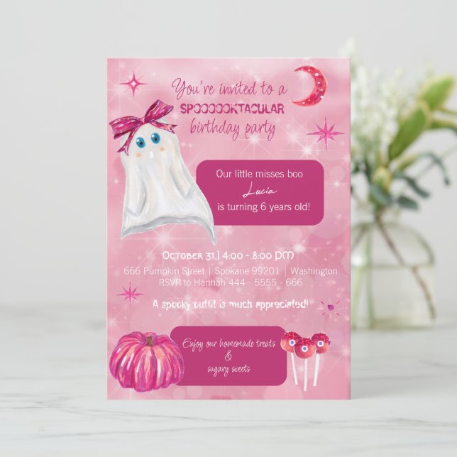 Pink Halloween Birthday Invitation For A Girl (Standing Front)