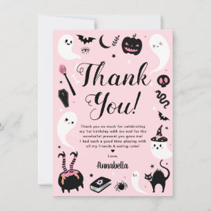 Pink Halloween Birthday Photo Thank You Card