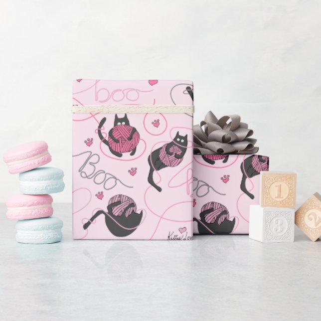 Pink Halloween Boo Black Kitten Wrapping Paper (Baby Shower)