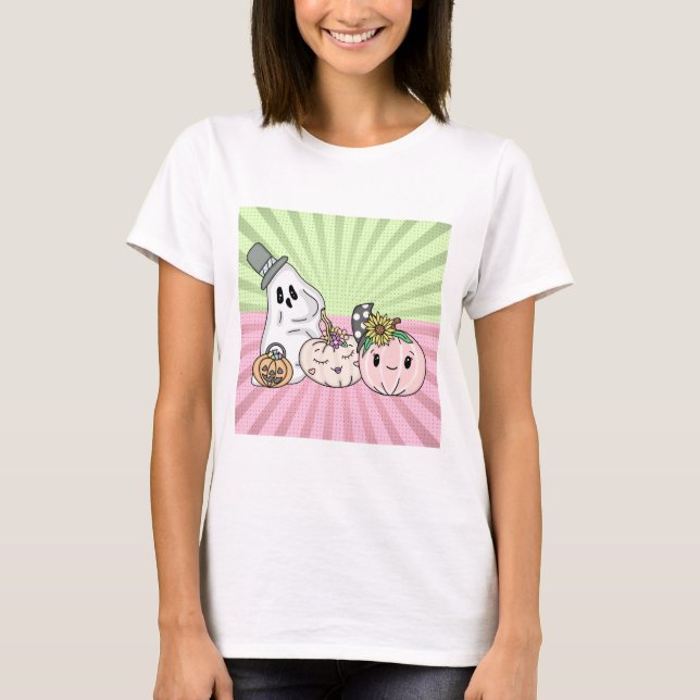 Pink Halloween Boo Ghosts and Pumpkins  T-Shirt (Front)