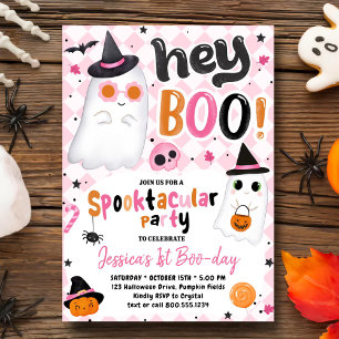 Pink Halloween Cute Ghost 1st Birthday  Invitation