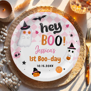 Pink Halloween Cute Ghost 1st Birthday Paper Plate