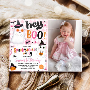 Pink Halloween Cute Ghost 1st Birthday Photo Invitation
