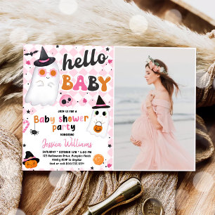 Pink Halloween Cute Ghost Baby Shower Photo Invitation