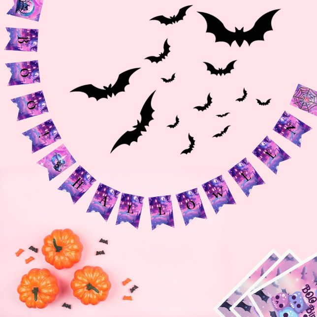 Pink halloween cute magical bewitched cat  bunting flags (Boo its halloween let's have a party)
