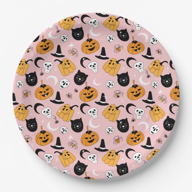 Pink Halloween Design Paper Plate (Front)