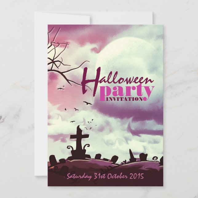 Pink Halloween Full Moon Graveyard Invitation (Front)