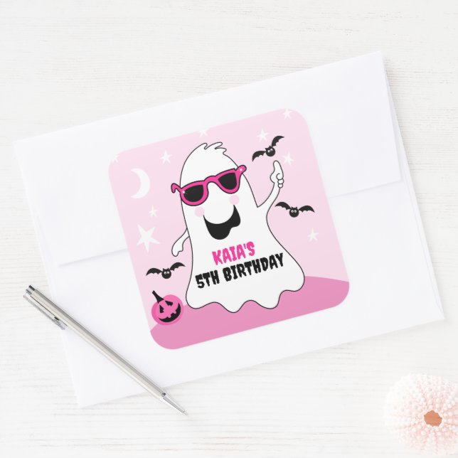 Pink Halloween Ghost Girl Birthday Square Sticker (Envelope)