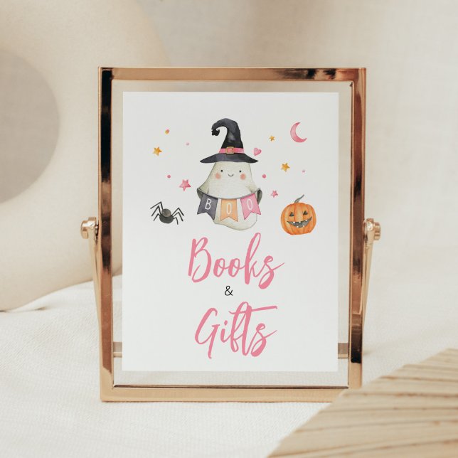 Pink Halloween Ghost Little Boo Books and Gifts Poster (Little Boo Baby Shower Books and Gifts Sign)
