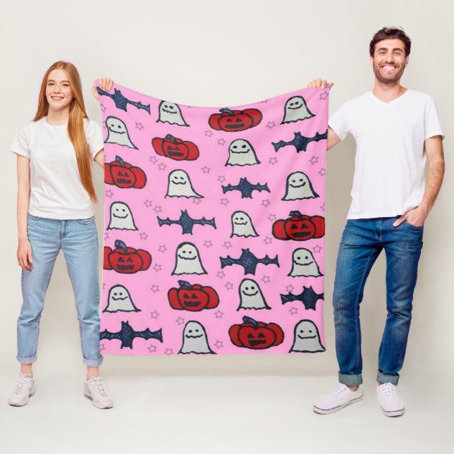 Pink Halloween Ghosts, Bats, and Jack o Lanterns Fleece Blanket (In Situ)
