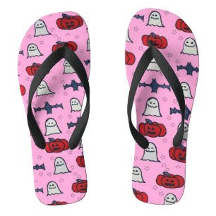 Pink Halloween Ghosts, Bats, and Jack o Lanterns Flip Flops