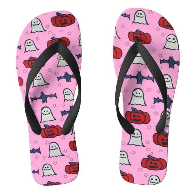 Pink Halloween Ghosts, Bats, and Jack o Lanterns Flip Flops (Footbed)