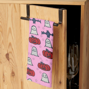Pink Halloween Ghosts, Bats, and Jack o Lanterns Kitchen Towel