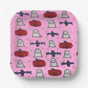 Pink Halloween Ghosts, Bats, and Jack o Lanterns  Paper Plate