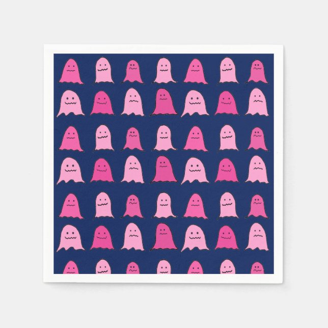 Pink Halloween Ghosts on Dark Blue Napkin (Front)