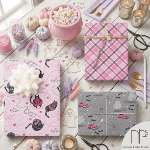 Pink Halloween Kids Boo Kitty Wrapping Paper Sheet