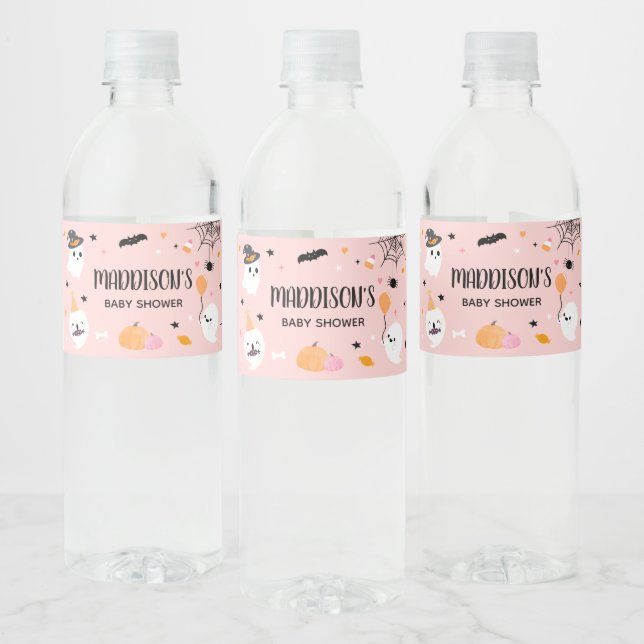 Pink Halloween Little Boo Baby Shower  Water Bottle Label (Bottles)