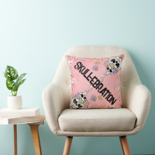 Pink Halloween Pillow and Spooky Cute Floral Skull