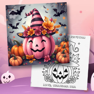 Pink Halloween Pumpkin & Colouring Page Personaliz Card