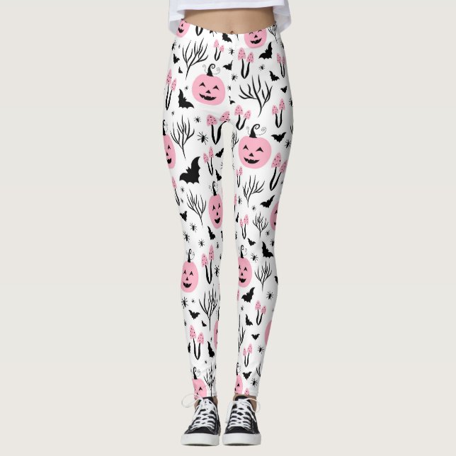 PINK HALLOWEEN PUMPKINS AND MUSHROOMS LEGGINGS (Front)