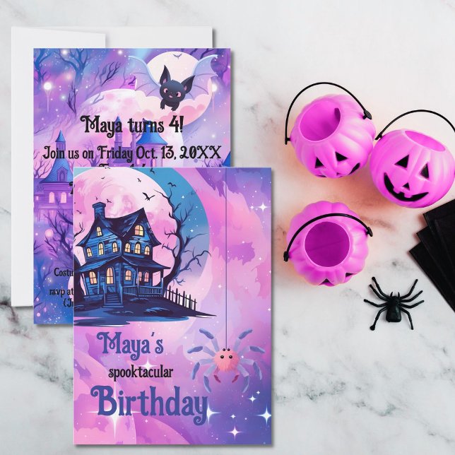 Pink Halloween Spider spooky mansion 4th birthday  Invitation (Have a pink and spooky birthday bash)