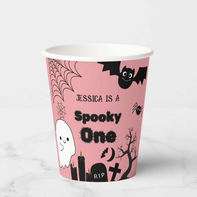 Pink Halloween Sppoky One First Birthday party Paper Cups (Front)