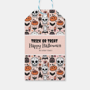 Pink Halloween Trick or Treat Custom Family Name Gift Tags