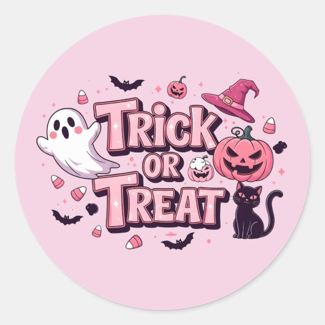 Pink Halloween Trick or Treat design Classic Round Sticker (Front)