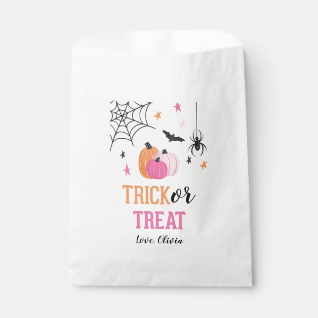 Pink Halloween Trick or Treat Pumpkins and Spiders Favour Bag (Front)