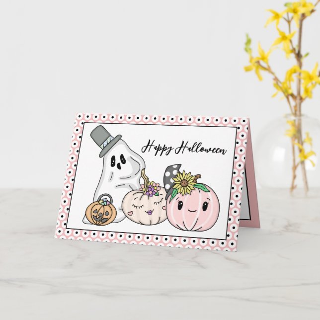 Pink Halloween Whimsical Pumpkins and Boo Card (Yellow Flower)