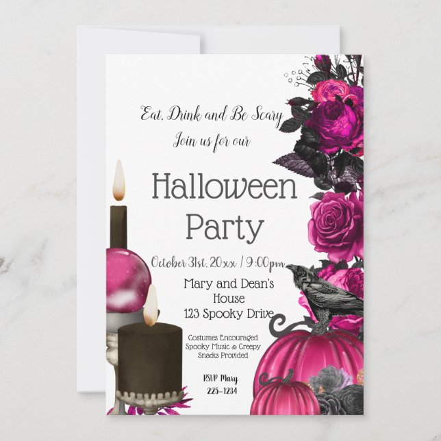 Pink Halloween, Witch, Gothic Invitation (Front)