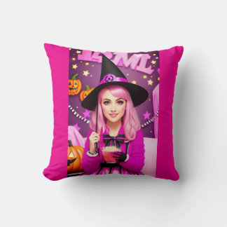 Pink Halloween witch  Throw Pillow