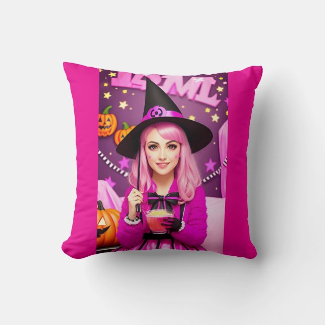 Pink Halloween witch  Throw Pillow (Front)