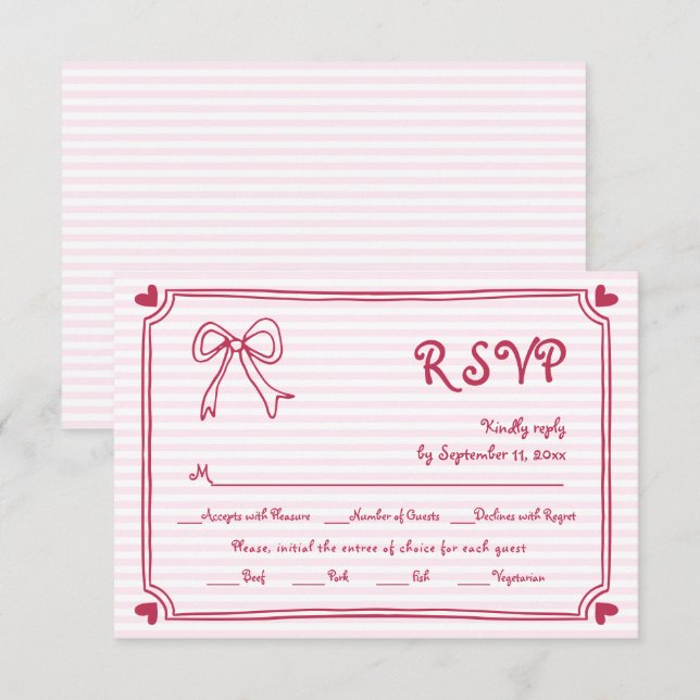Pink hand drawn bow and border whimsical wedding RSVP card (Front/Back)